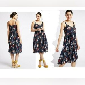 Per Una Blue Sundress Size 14 Floral Flowy Lightweight Beaded Empire Waist